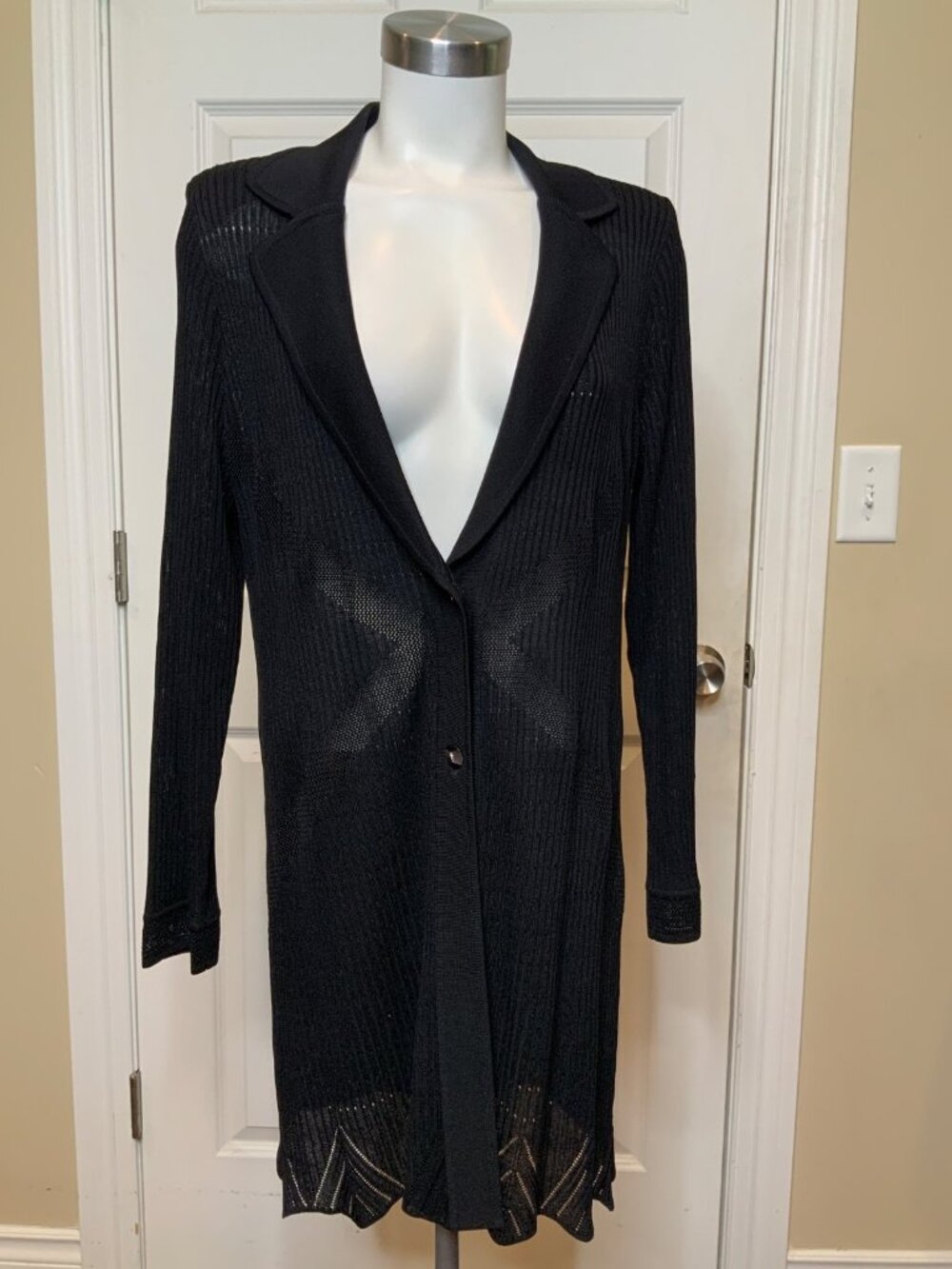 Exclusively Misook Black Thin Rib Knit Long Cardigan Sweater, Size L